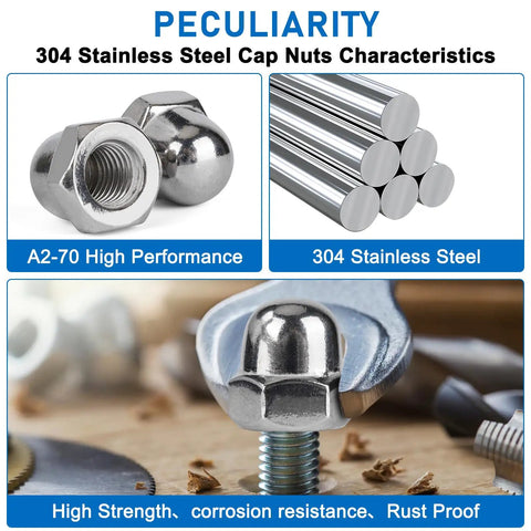 Hella Tough 107 Pieces 304 Stainless Steel Acorn Cap Nut Assortment Pack with detailed characteristics and high performance.
