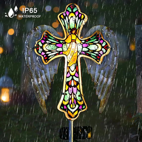 Solar Glass Cross Stake Lights With Angel Wings For Cemetery And Outdoor Garden Pathway Sympathy Remembrance Gift For Mom Solar Powered Grave Marker Lighting With Sunset Tone Hand Painted Glass under rain