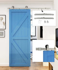 Brushed Nickel Sliding Barn Door Hardware Track Kit With Soft Close Heavy Duty Top Mounted Six Foot System installed on blue door