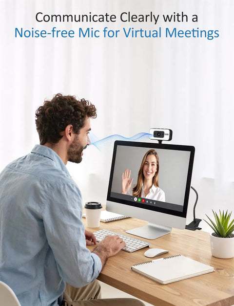Super Sharp 4K Streaming Webcam With Auto Focus And Soft Key Light For Pc Laptop Desk Setup showing man on video call.