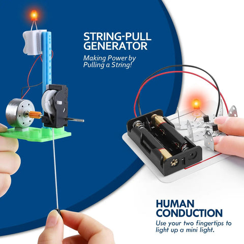 Hands On Electrical Circuit Kit For Kids That Makes STEM Fun, featuring string-pull generator and human conduction experiment