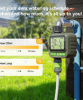Remote Control Sprinkler Timer With 230 Foot Range No Fuss Programmable Garden Hose Timer attached to outdoor faucet