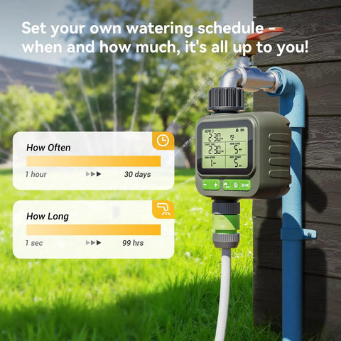 Remote Control Sprinkler Timer With 230 Foot Range No Fuss Programmable Garden Hose Timer attached to outdoor faucet