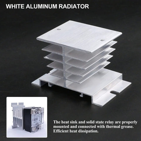 White aluminum heat sink for Digital Display PID Temperature Controller Thermostat Regulator with SSR 40DA in black background.