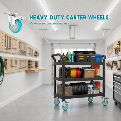 Killer 4 Inch Caster Wheels Heavy Duty TPR Silent Rollers Rock Solid Build Handles 600 Lbs on a workshop cart with tools.