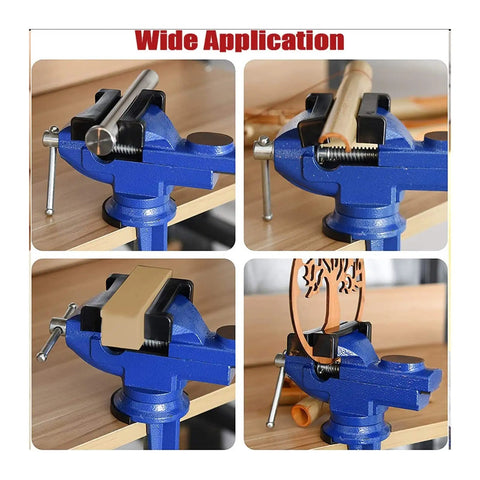 Heavy Duty Universal Bench Vice Machine Vise Clamp For Woodworking And DIY Projects Full Metal Construction With Large Anvil Super Stable Clamping Force Perfect Grip Tools in multiple angles and applications.