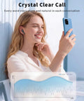 Woman using Wireless Earbuds With LED Power Display And Bluetooth 5 Point 4 Headphones for clear video call on phone.