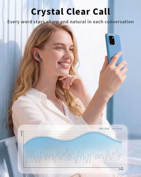 Woman using Wireless Earbuds With LED Power Display And Bluetooth 5 Point 4 Headphones for clear video call on phone.