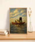 Vintage Cat Rowboat Framed Wall Art Cozy Coastal Ocean Scene Print For Living Room Bedroom Dorm Office Retro Aesthetic Canvas