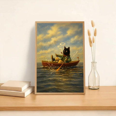 Vintage Cat Rowboat Framed Wall Art Cozy Coastal Ocean Scene Print For Living Room Bedroom Dorm Office Retro Aesthetic Canvas