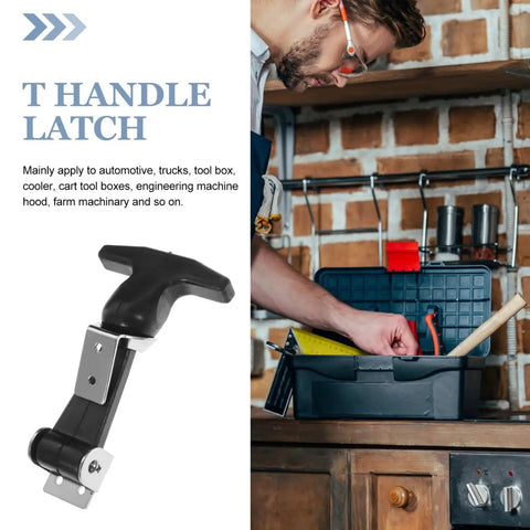 Stainless Steel T Handle Draw Latches Set Of 2 with rubber cushioned latch displayed beside a toolbox in workshop setting
