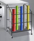 Heavy Duty Three Tier Mobile Paper Rolls Organizer With Slick Metal Frame And Twenty Roomy Slots displaying colorful paper rolls.