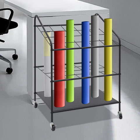 Heavy Duty Three Tier Mobile Paper Rolls Organizer With Slick Metal Frame And Twenty Roomy Slots displaying colorful paper rolls.