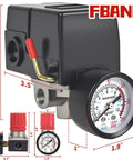 Front view of Air Compressor Pressure Switch Regulator Kit With 90 To 120 PSI Gauge And Fittings Set, showing gauge and valve details.