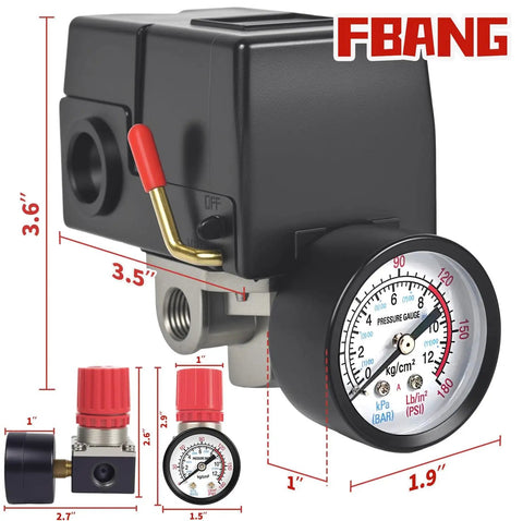 Front view of Air Compressor Pressure Switch Regulator Kit With 90 To 120 PSI Gauge And Fittings Set, showing gauge and valve details.