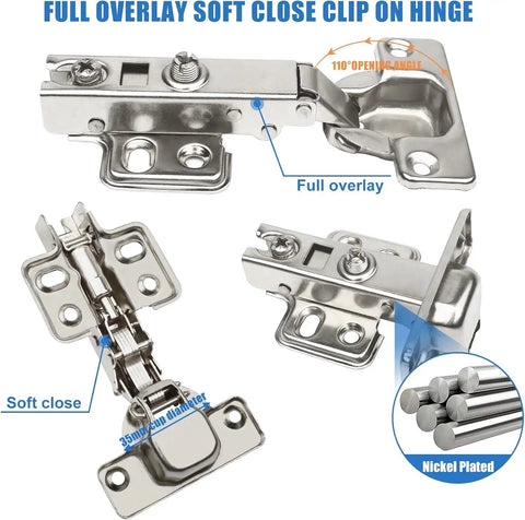 10 Pack 35mm Full Overlay No Slam Soft Close Frameless Cabinet Hinges With Screws for kitchen cabinets, nickel plated