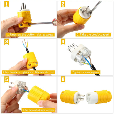 Steps to assemble 16 Piece Extension Cord Ends Kit For Power Runs 15A 125V 2 Pole 3 Wire Heavy Duty Male Plug And Female Connector