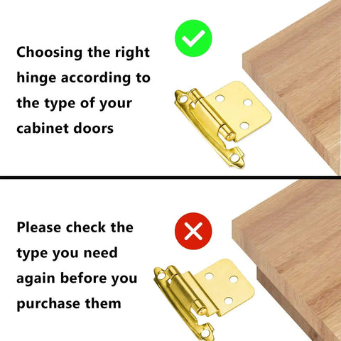 Image showing two brass cabinet hinges, with a correct and incorrect mounting example, emphasizing type verification for purchase. 20 Pairs 40 Hinges Self Closing Brass Kitchen Cabinet Hinges Flush Face Mount With Soft Close Overlay Hardware Brushed Brass Finish Includes Mounting Screws For Easy Installation And Modern Cabinet Makeover.