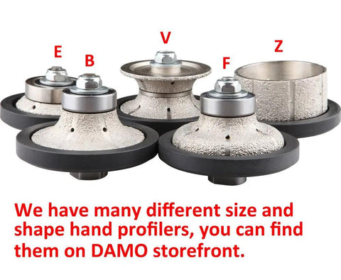 Various diamond hand profile router bits, including 3/4-Inch Full Bullnose Diamond Hand Profile Wheel For Granite, Concrete, Marble Edges.