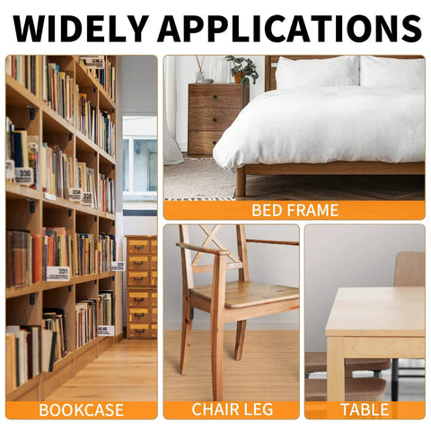 Different uses of Black Stainless Steel L Brackets Set of 18 With 72 Screws Storage Tin in bed frame, bookcase, chair leg, and table.
