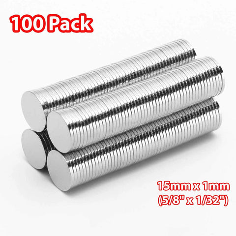 Round disc magnets, 15x1 mm, silver, flat, 100-pack for crafts and scrapbooking