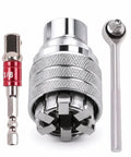 Adjustable Universal Socket Wrench For 38 Inch Drive Ratchet And Torque Adapter Three Piece Set showing socket, adapter, and ratchet.