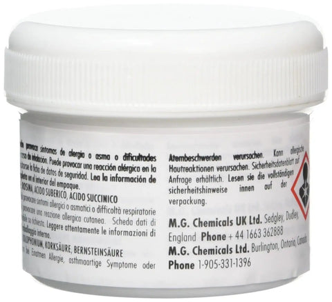 Back view of Rosin Flux Paste 8342 RA Amber For Electronics Repairs And Soldering DIY Ready 50 g jar showing safety text.
