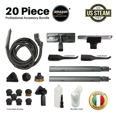20 piece professional accessory bundle for Pro Commercial Steam Cleaner, featuring nozzles, brushes, microfiber towel, and more.