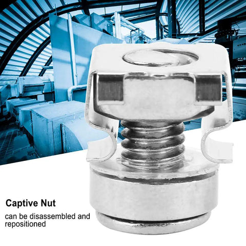 Close-up of captive nut from M5 X 16 Rack Screws And Cage Nuts Kit For Square Hole Server Racks And Electrical Enclosures, 20 Piece Plated Iron Fasteners Set