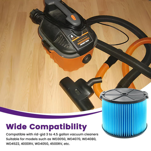 VF3500 Replacement Filter For Ridgid 3 To 4.5 Gallon Wet Dry Vacuums With 3 Layer Filtration And Cleaning Brush shown with vacuum