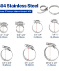 7 sizes of 60 Pcs Stainless Steel Hose Clamps Set shown, ranging from 1/4 to 1-1/2 inch for plumbing and automotive use.