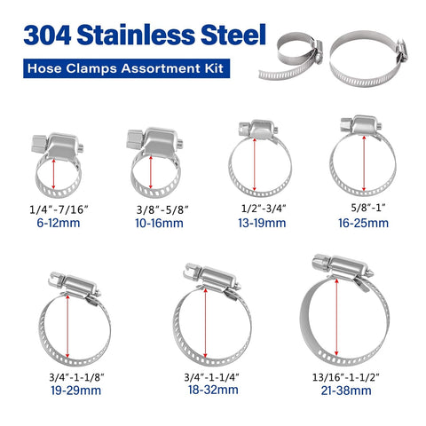 7 sizes of 60 Pcs Stainless Steel Hose Clamps Set shown, ranging from 1/4 to 1-1/2 inch for plumbing and automotive use.