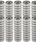 Top Shelf 608 Open Style Deep Groove Radial Ceramic Ball Bearings Bulk Pack Of One Hundred Silicon Nitride Rings Measuring 8 By 22 By 7 Mm stacked in rows.