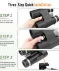 Three-step installation guide for Binocular Tripod Mount With Quick Release Universal L Type Aluminum Mount