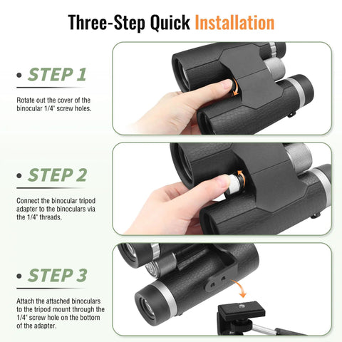 Three-step installation guide for Binocular Tripod Mount With Quick Release Universal L Type Aluminum Mount