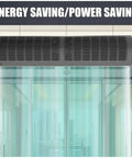Heavy Duty Commercial Air Curtain Kicks The Chill Out Dead Nuts Quiet Remote Door Blower Seals Out Dust Pests Strong Cool Breeze Energy Smart Black 1.5 Meter mounted above transparent door.