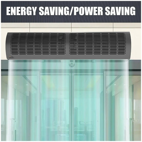 Heavy Duty Commercial Air Curtain Kicks The Chill Out Dead Nuts Quiet Remote Door Blower Seals Out Dust Pests Strong Cool Breeze Energy Smart Black 1.5 Meter mounted above transparent door.
