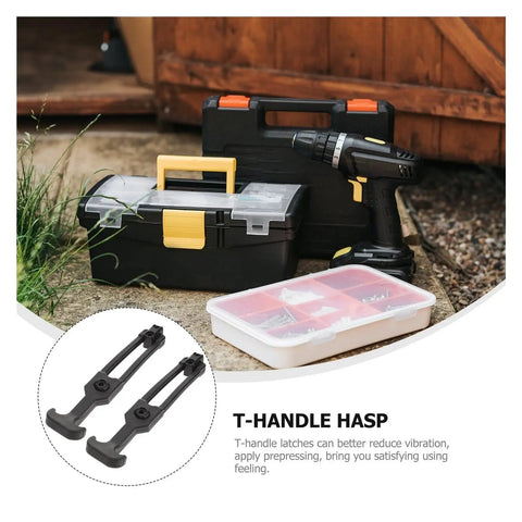 Beefed Up Rubber Latch Set 4 Pack T Handle Draw Latches with tool boxes and storage case shown outdoors