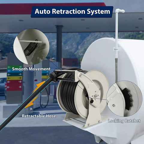 1 Inch By 50 Foot Fuel Hose Reel With Spring Driven Retractable Design, 300 PSI Diesel Hose Reel, Auto Swivel, Pro Grade Steel Construction