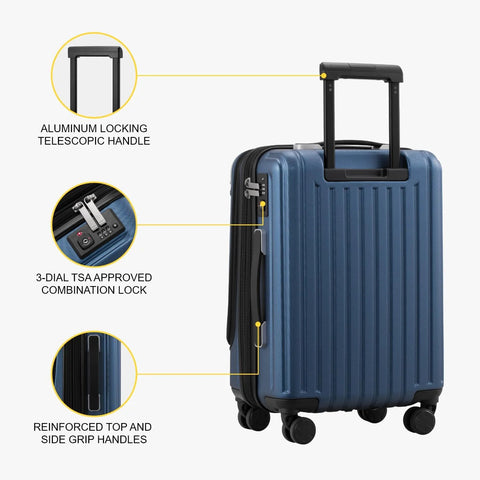 Grace Expandable 20 Inch Carry On Hard Shell Luggage With Spinner Wheels, showing telescopic handle, TSA lock, and grip handles.