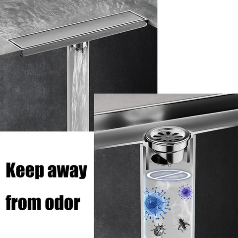 Heavy Duty Brushed Stainless Steel Linear Shower Drain With Reversible Cover And Removable Grate For Custom Tile Trim And Slick Low Profile Bath Floor Drainage, showing water flow and odor prevention features.