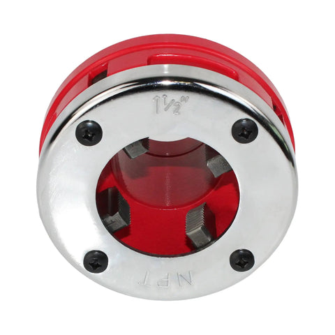 Close-up of Pipe Threading Tool Ratchet Die Set 1-1/2 Inch Replacement for Pro Grade Pipe Threaders with red housing