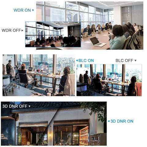 Comparison view of security camera features: WDR, BLC, 3D DNR on and off with different lighting and indoor office settings.