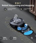 2 In 1 Robot Vacuum And Mop With WiFi App Control showing dual compartments, tiled floor cleaning, self-charging base nearby