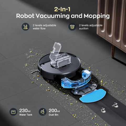 2 In 1 Robot Vacuum And Mop With WiFi App Control showing dual compartments, tiled floor cleaning, self-charging base nearby