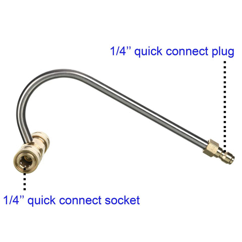 Gutter Cleaner Attachment For Pressure Washer With Four Nozzle Tips And Quick Connect, Zero Degree And Forty Degree Nozzles, Clears Leaves And Debris Fast, Up To Four Thousand PSI showing 1/4 inch quick connect plug and socket.