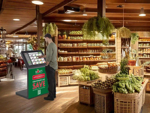32 Inch Interactive Touchscreen Kiosk Featuring Full HD LCD Panel And Built In 5MP Camera With Slick Ten Point Capacitive Touch For Retail And Corporate Self Service That Really Nails It in grocery store setting.