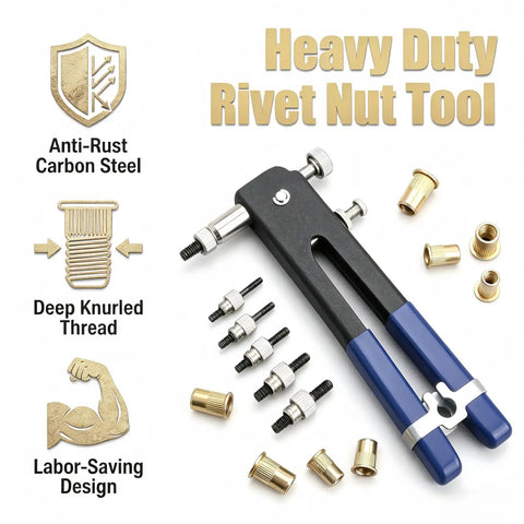 Complete 440-Pc Metric Rivet Nut Tool Kit With Heavy Duty Hand Gun For Auto Repair, Sheet Metal Work, Furniture Assembly And Diy Projects Featuring Interchangeable M3 M4 M5 M6 M8 Mandrels. Heavy Duty Rivet Nut Tool with mandrels and carbon steel inserts