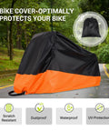 Durable 210D Waterproof Tricycle And Bike Cover For Outdoor Use Fits 1 To 2 Bikes With Full Coverage Snug Fit Universal Size 90.5L By 37.4W By 49.2H For Most Adult Tricycles And E Bikes Orange Weatherproof Dustproof All Weather black and orange bike cover on outdoor storage graphic