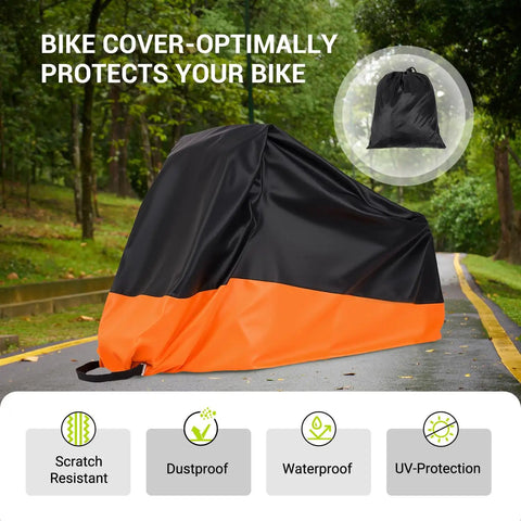 Durable 210D Waterproof Tricycle And Bike Cover For Outdoor Use Fits 1 To 2 Bikes With Full Coverage Snug Fit Universal Size 90.5L By 37.4W By 49.2H For Most Adult Tricycles And E Bikes Orange Weatherproof Dustproof All Weather black and orange bike cover on outdoor storage graphic
